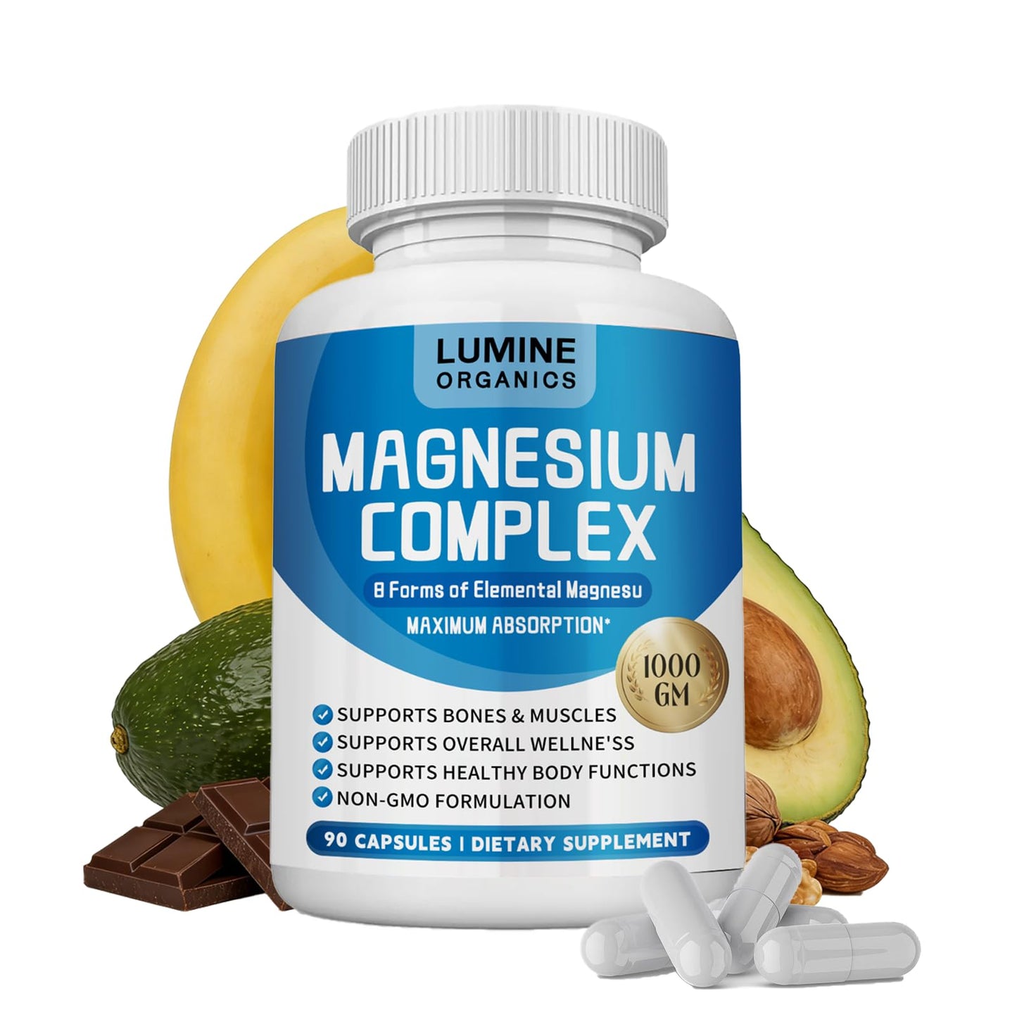 ETUIH Lumine Organics Magnesium Complex 1000mg - Advanced 8-in-1 Magnesium Blend - Glycinate, Citrate, Malate, Taurate, High Formula, 90 Capsules