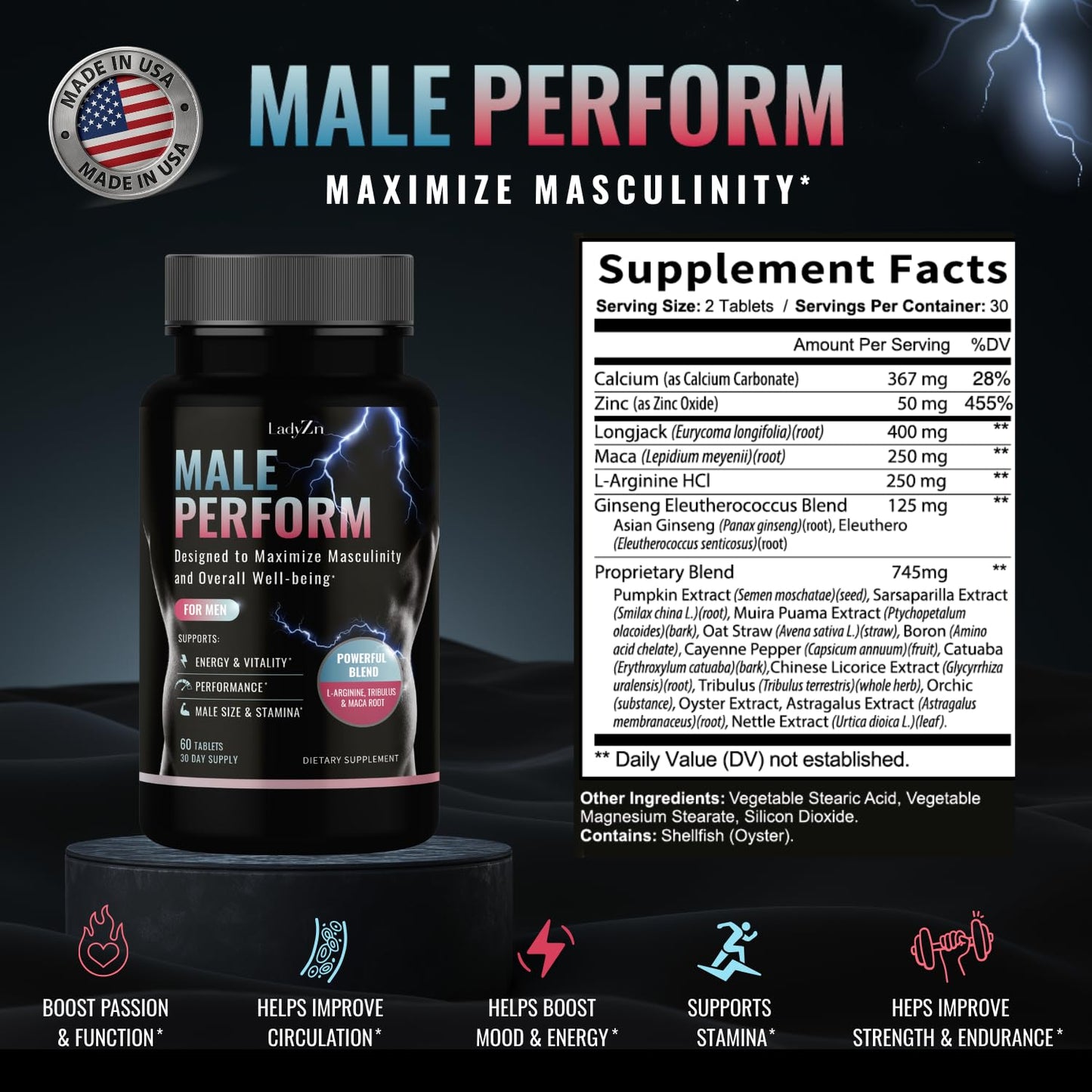 LadyZn Male Perform Tablet, 60 Count