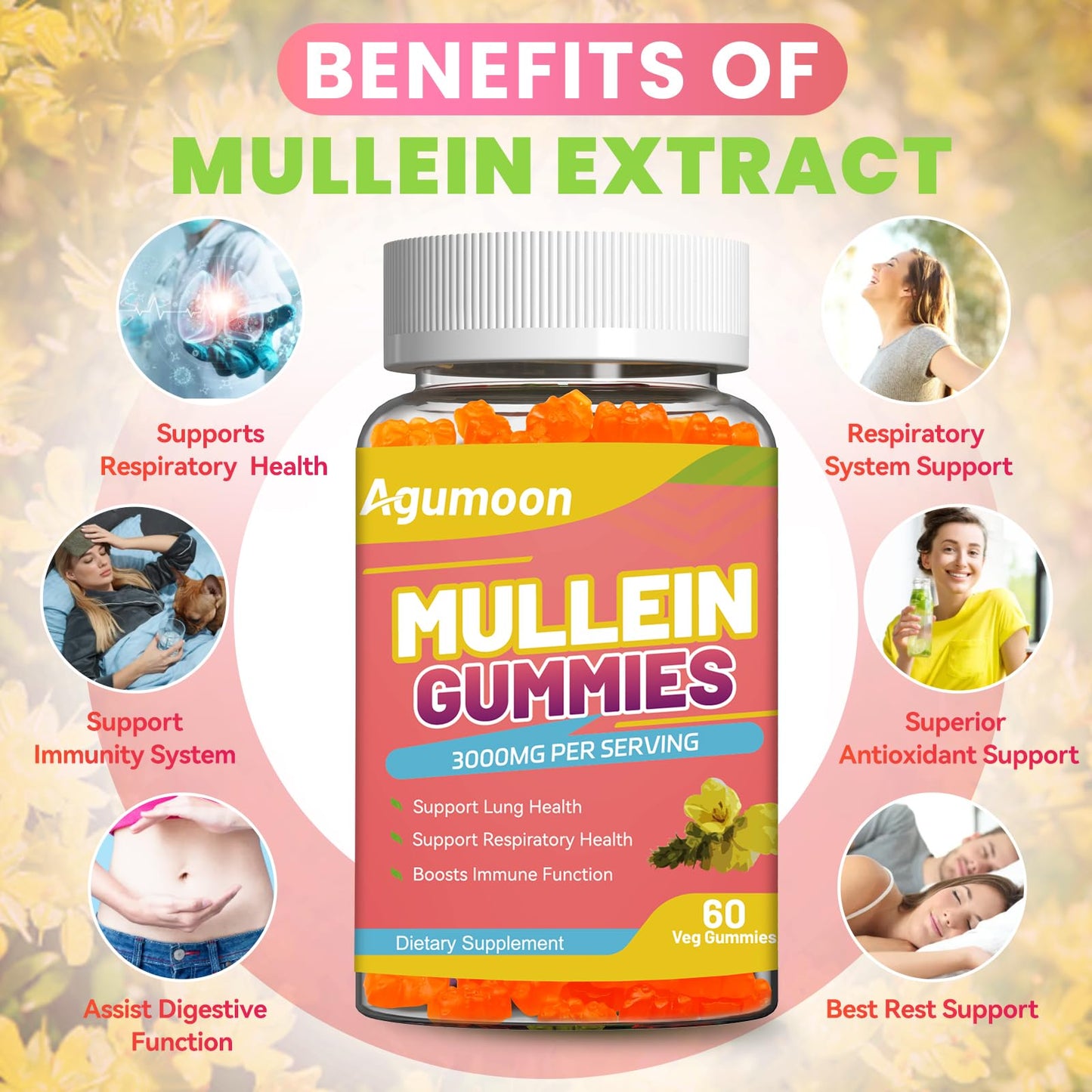 Agumoon Mullein Gummies, Extra Strength Mullein Leaf Extract with Quercetin & Bromelain, Mango Flavor, 120 Count