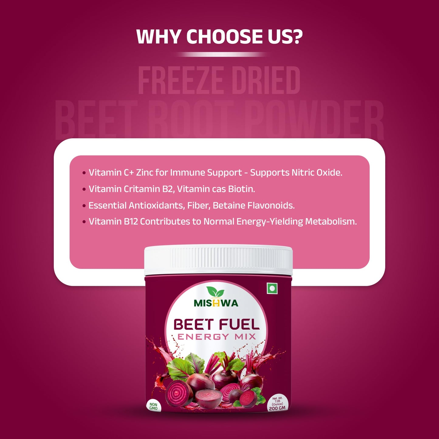 MISHWA Beet Fuel Energy Mix Freeze-Dried Beetroot Powder, 7.06 oz