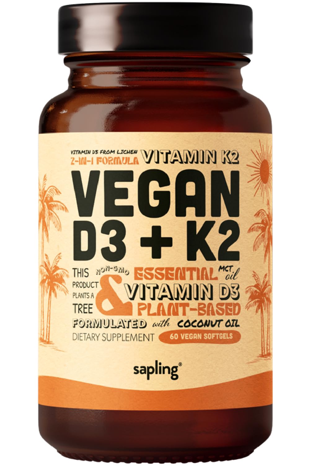 Sapling Vegan Vitamin D3 + K2 Supplement with MCT Oil from Coconut, 4000 IU Vitamin D and 100 mcg Vitamin K2 as MK-7, Softgels, 60 Count