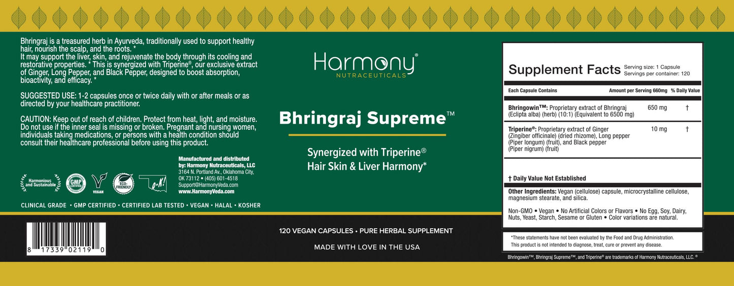 Harmony Nutraceuticals Bhringraj Supreme with Triperine, Ayurvedic Herbal Supplement for Hair, Skin and Liver Support Capsules, 120 Count