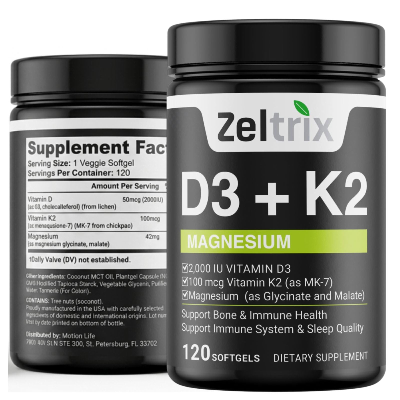 Zeltrix Vitamin D3 + K2 with Magnesium 2000iu (100mcg) MK-7 Glycinate & Malate Supplement Softgels, 120 Count