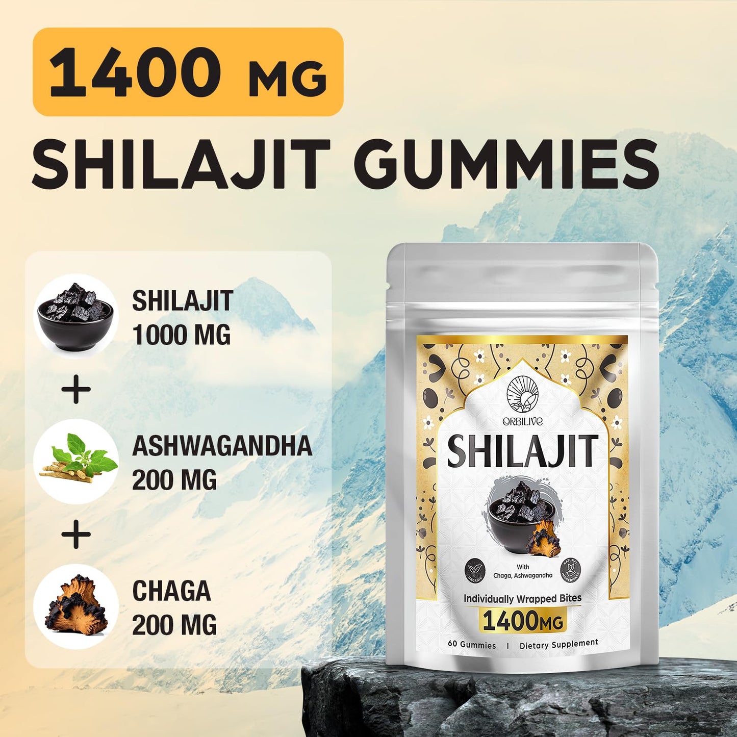 ORBILIVE Shilajit Gummies with Ashwagandha, Himalayan Organic, 1400 mg, 60 Count