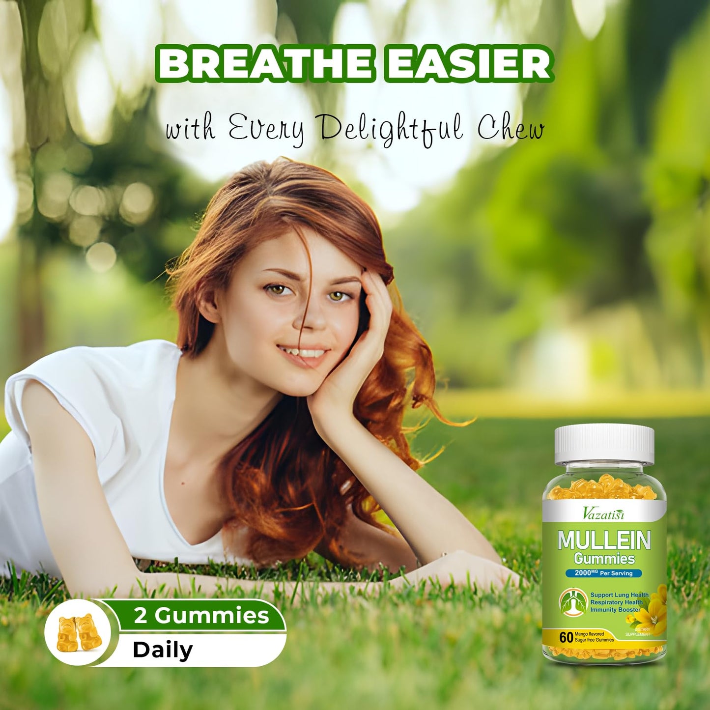 Vazatisi Mullein Gummies with Mullein Leaf Extract, Bromelain, Quercetin, Pine Bark Lung Support for Healthy Breathing, 120 Gummies