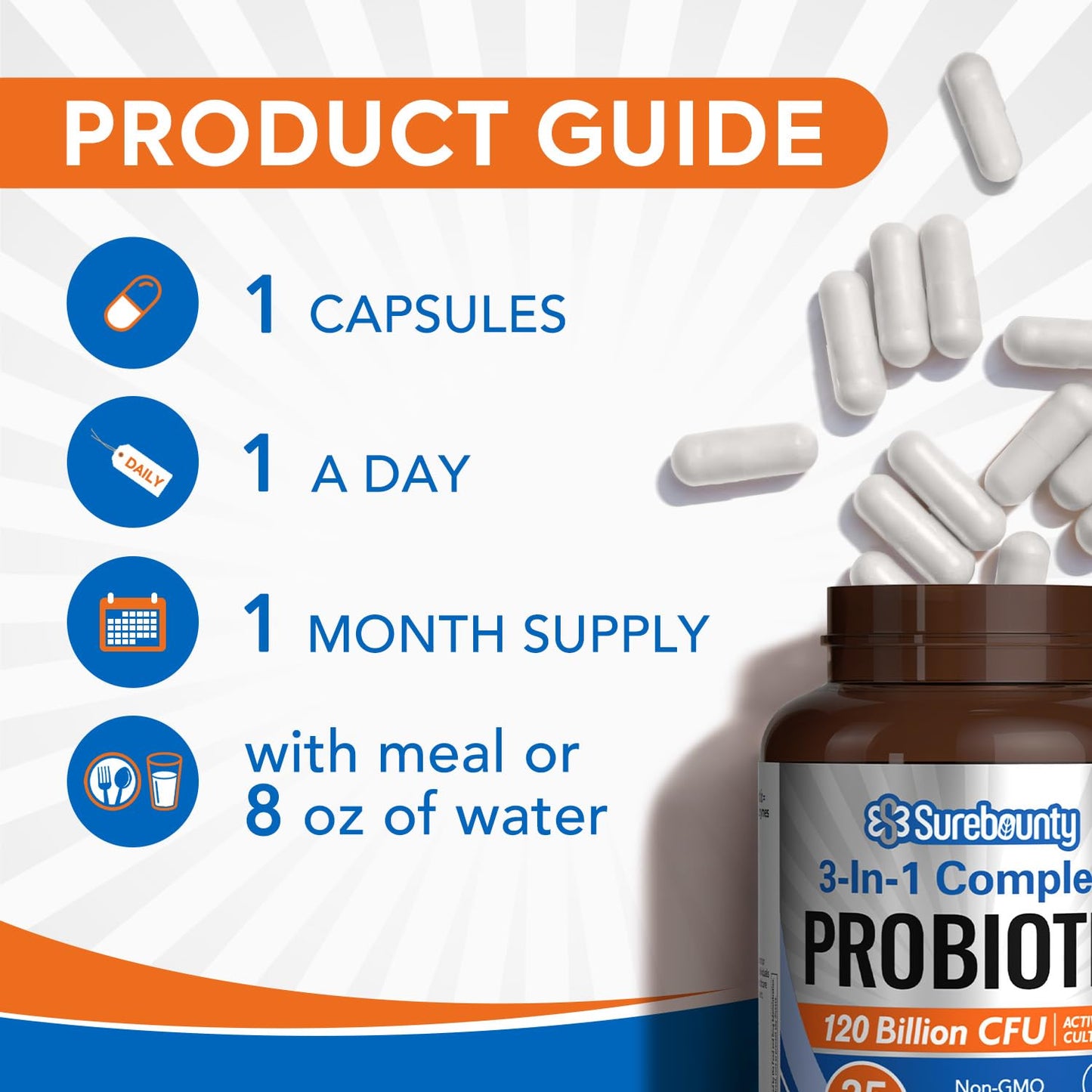 Surebounty Probiotics 120 Billion CFU, Probiotics for Men & Women, Prebiotics + Digestive Enzymes, Highest Potency, 3-in-1 Complete Probiotic Capsules, 30 Capsules