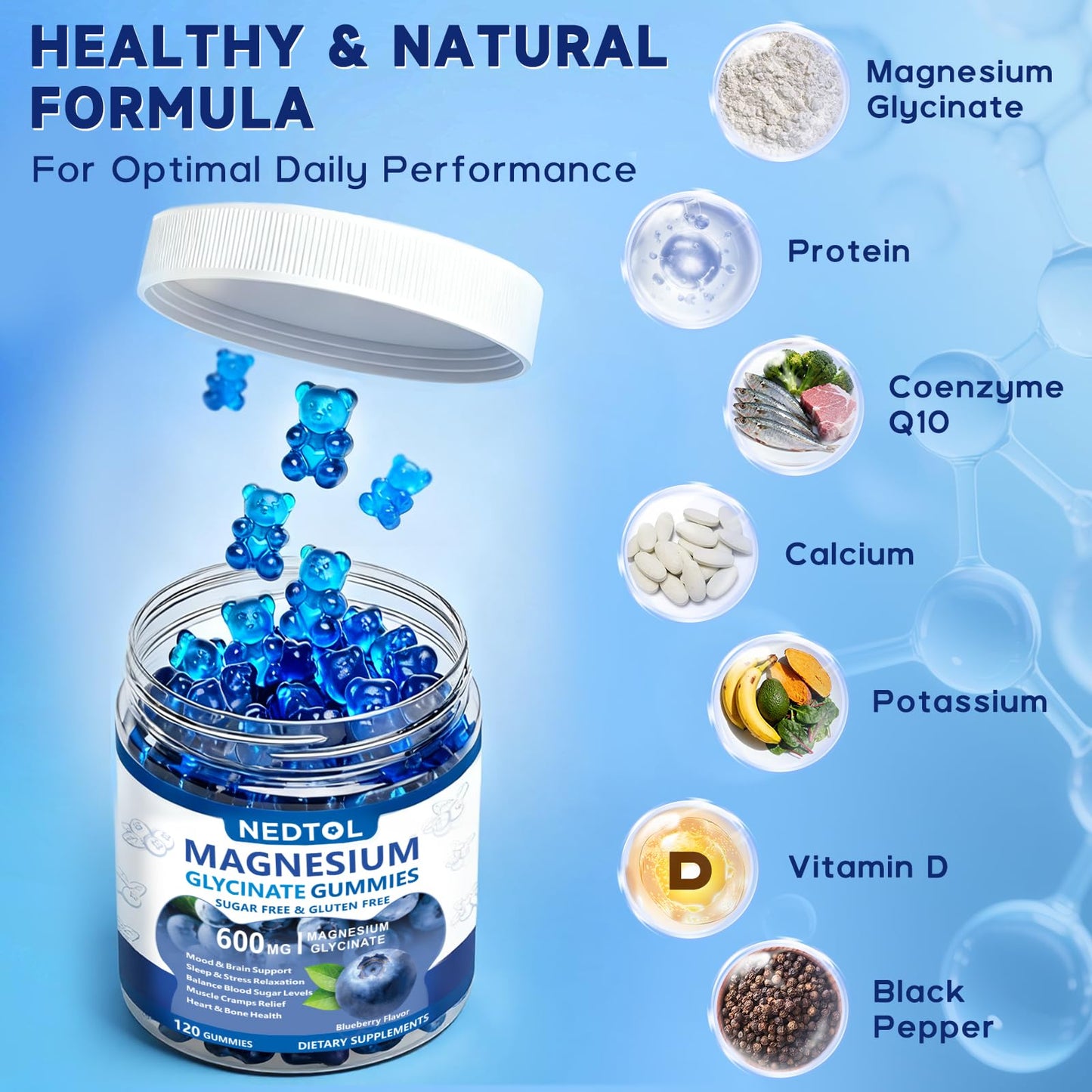 Nedtol Magnesium Glycinate Gummies 600mg, Sugar Free, with Vitamin D, B6, and CoQ10, for Sleep and Relaxation, 120 Gummies