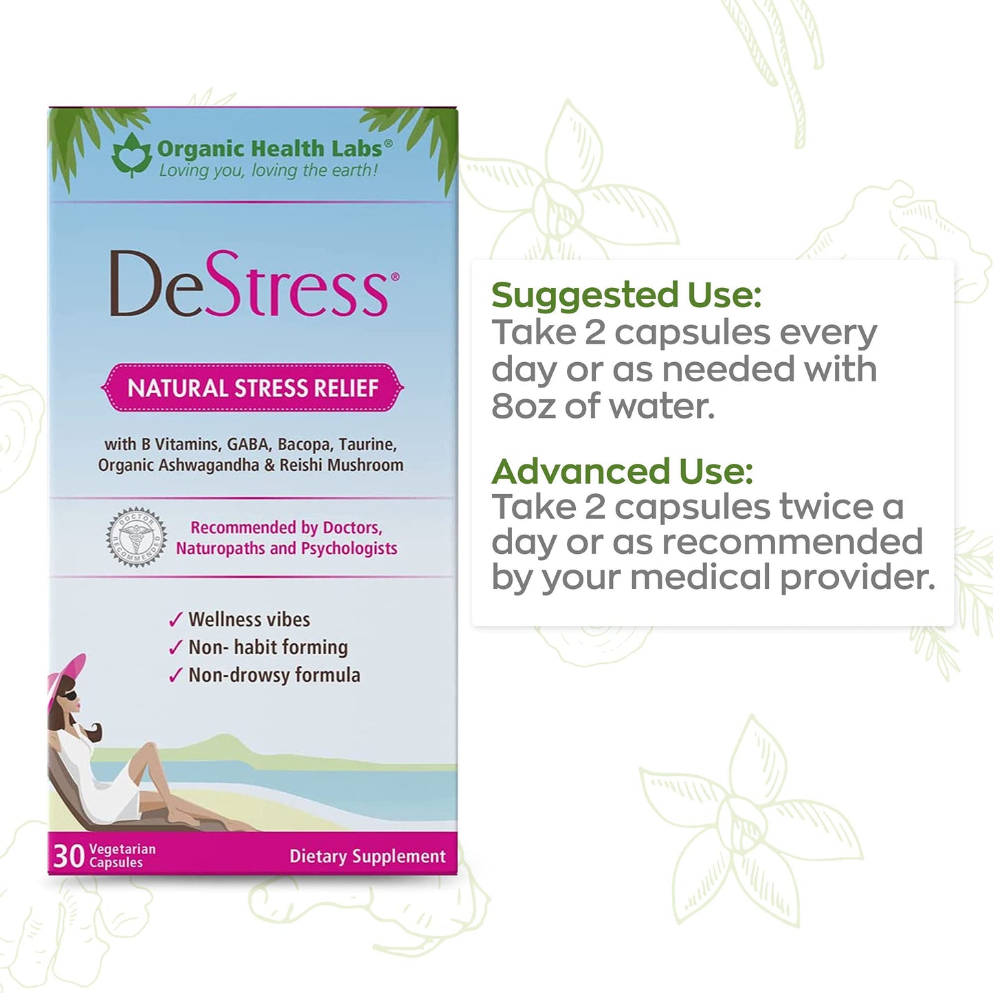 Organic Health Labs DeStress All-Natural Veggie Capsules with B Vitamins, Magnesium, Ashwagandha and L-Theanine, Anxiety Relief, 30 Capsules