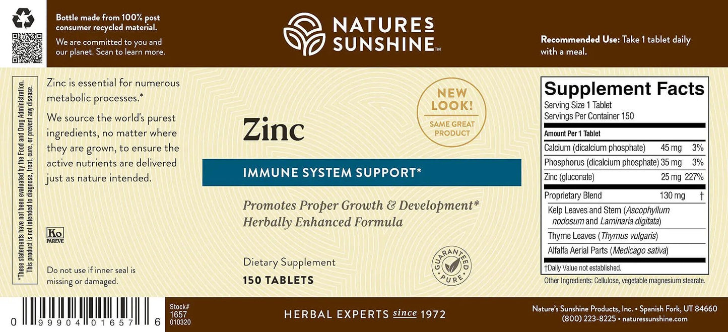 Nature's Sunshine Zinc 25 mg Tablets, 150 Count