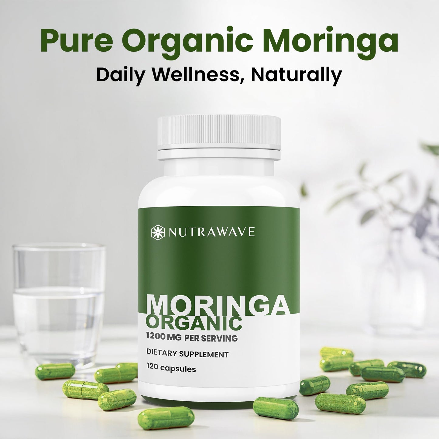 Nutra Wave Organic Moringa Capsules 1200mg – Pure Moringa Oleifera Leaf Supplement Energy, Immune & Lactation Support – Antioxidants & Amino Acids for Women & Men, Non-GMO, Vegan, 120 Capsules