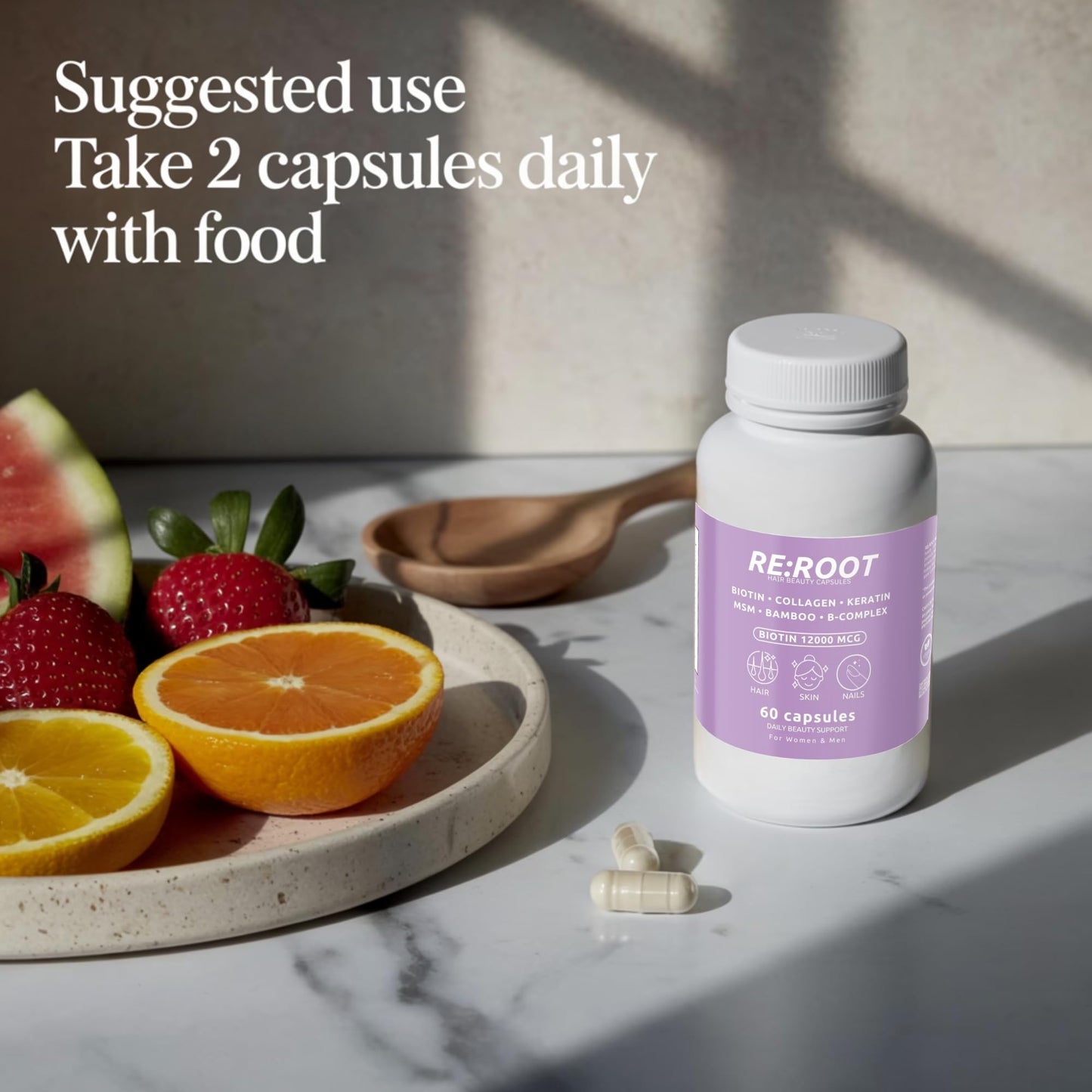 RE:ROOT Biotin Hair Growth Supplement 12,000 mcg - Vegan Capsules, 60 Capsules