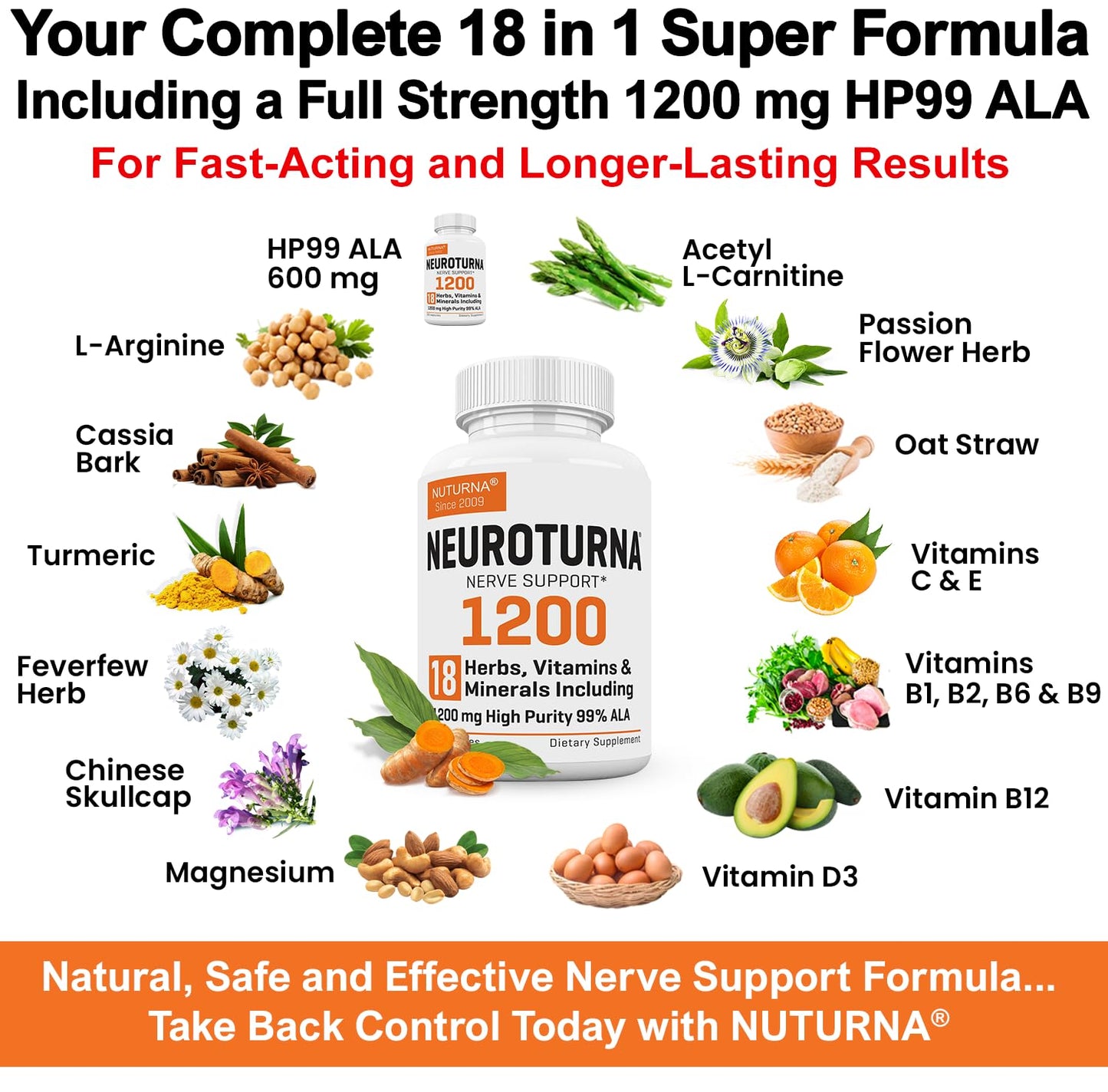 Nuturna Neuropathy Support with 1200 mg HP-99 Alpha Lipoic Acid, Max Strength Nerve Formula, Capsules, 180 Count