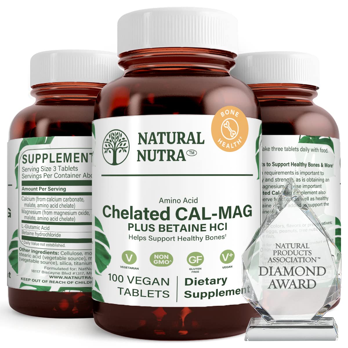 Natural Nutra Chelated Calcium Magnesium 1000/500 mg Supplements Plus Betaine HCL - Chelated Cal Mag Tablets, 100 Count