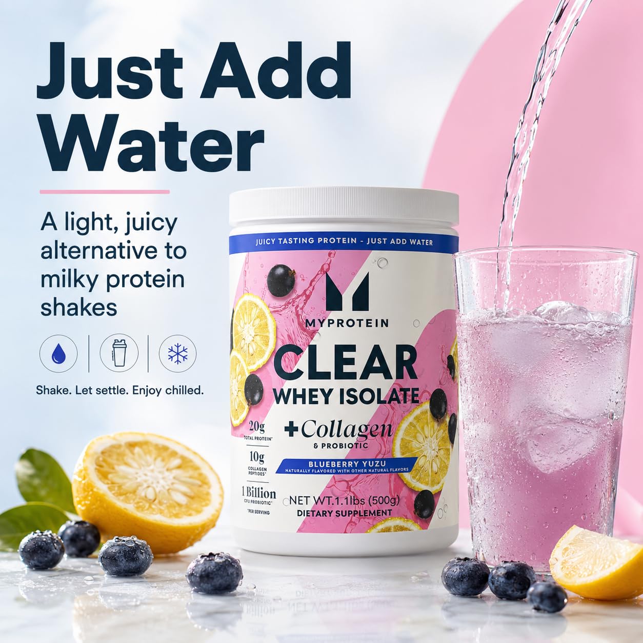 Myprotein Clear Whey Isolate + Collagen & Probiotic Blueberry Yuzu Clear Protein Powder, 17.6 oz