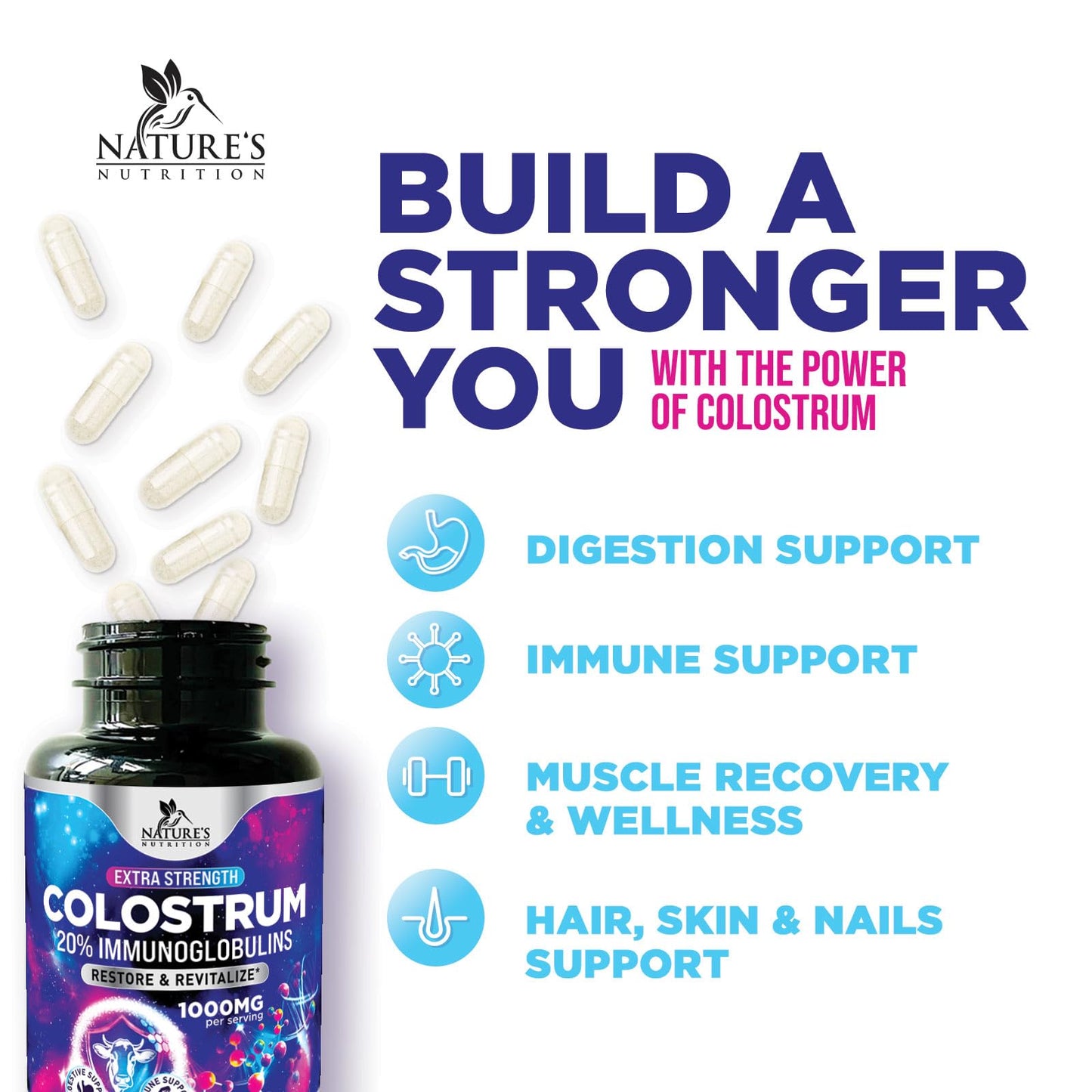 Nature's Nutrition Colostrum Supplement 1000mg Per Serving - Max Strength 20% Immunoglobulins for Gut & Immune Support Capsules, 120 Count