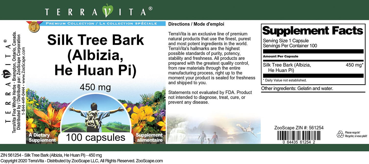Terravita Silk Tree Bark Albizia He Huan Pi 450 mg Capsules 100 Count