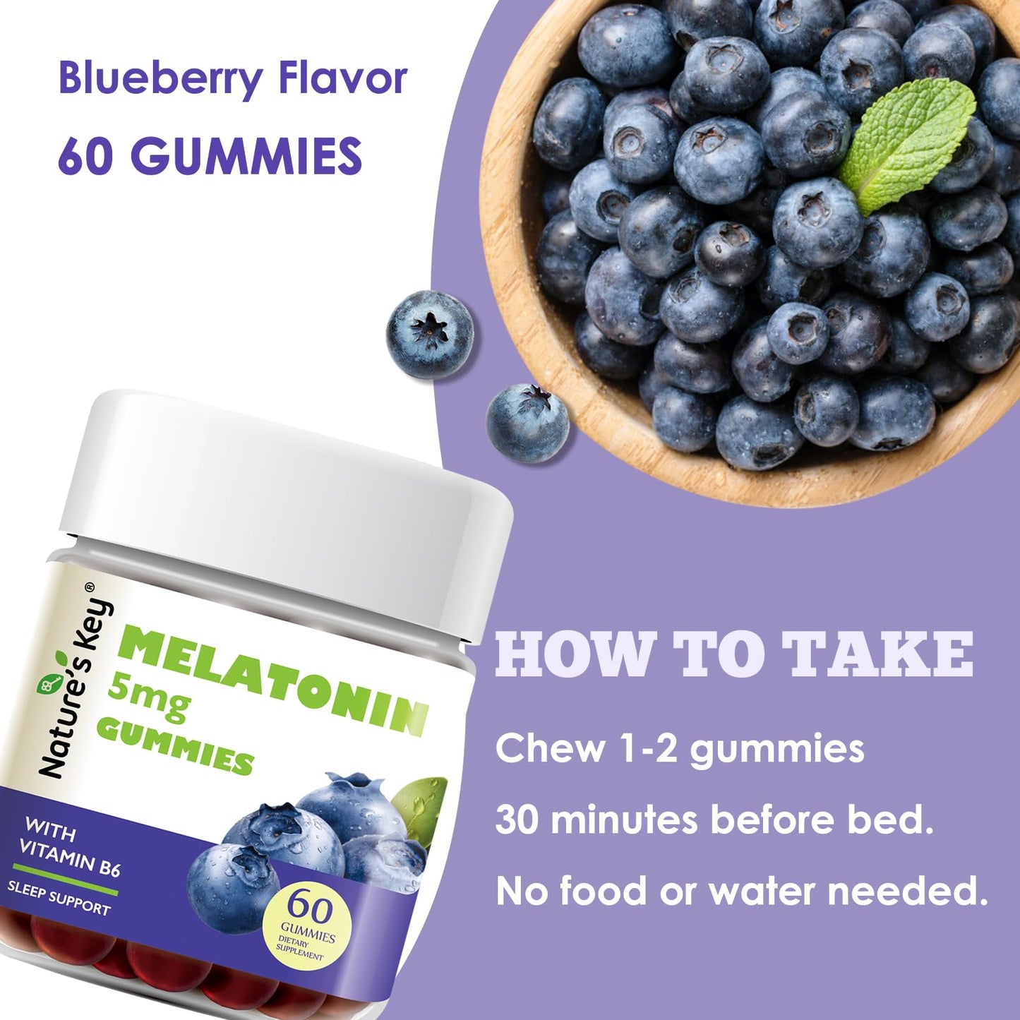 Nature's Key Melatonin Gummies 5mg with Vitamin B6 Sleep Support, Blueberry, 60 Count