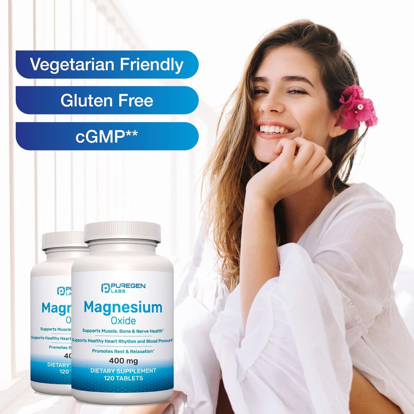 P Puregen Labs Magnesium 400mg [High Potency] Supplement – Magnesium Oxide for Immune Support, Muscle Recovery, Leg Cramps and Relaxation, 120 Tablets