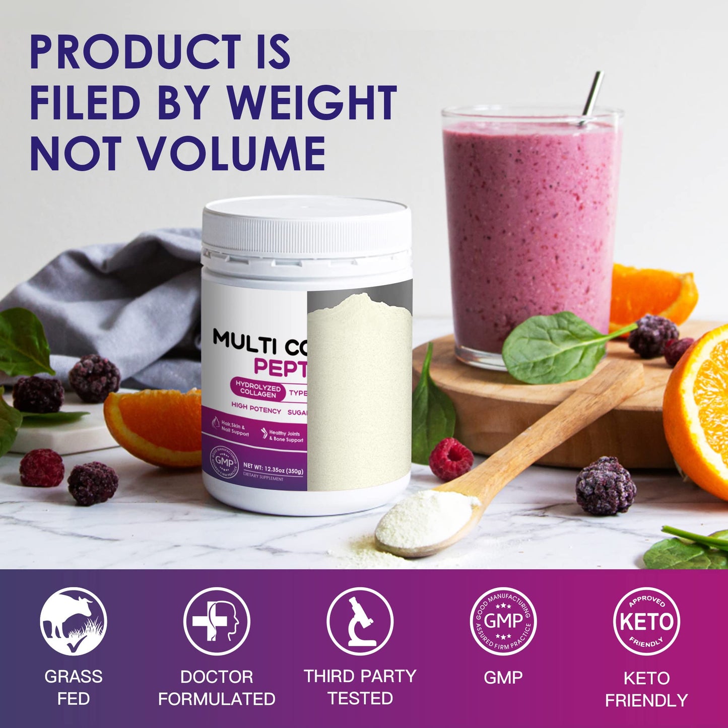 Nature Target Multi Collagen Peptides Powder - Type I, II, III, V, X, 12.35 oz