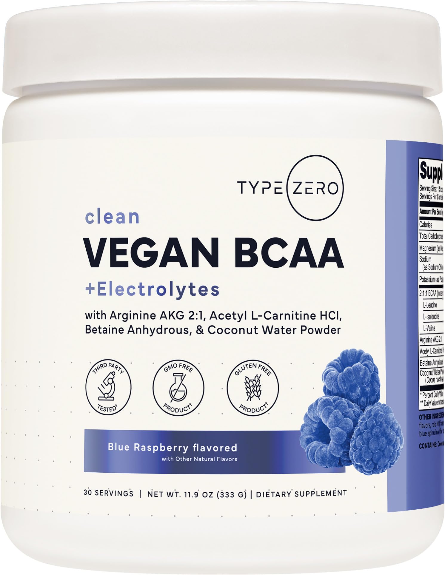 Type Zero Ultra Clean Vegan BCAA + Electrolytes (Blue Raspberry) Powder 11.9 Ounces