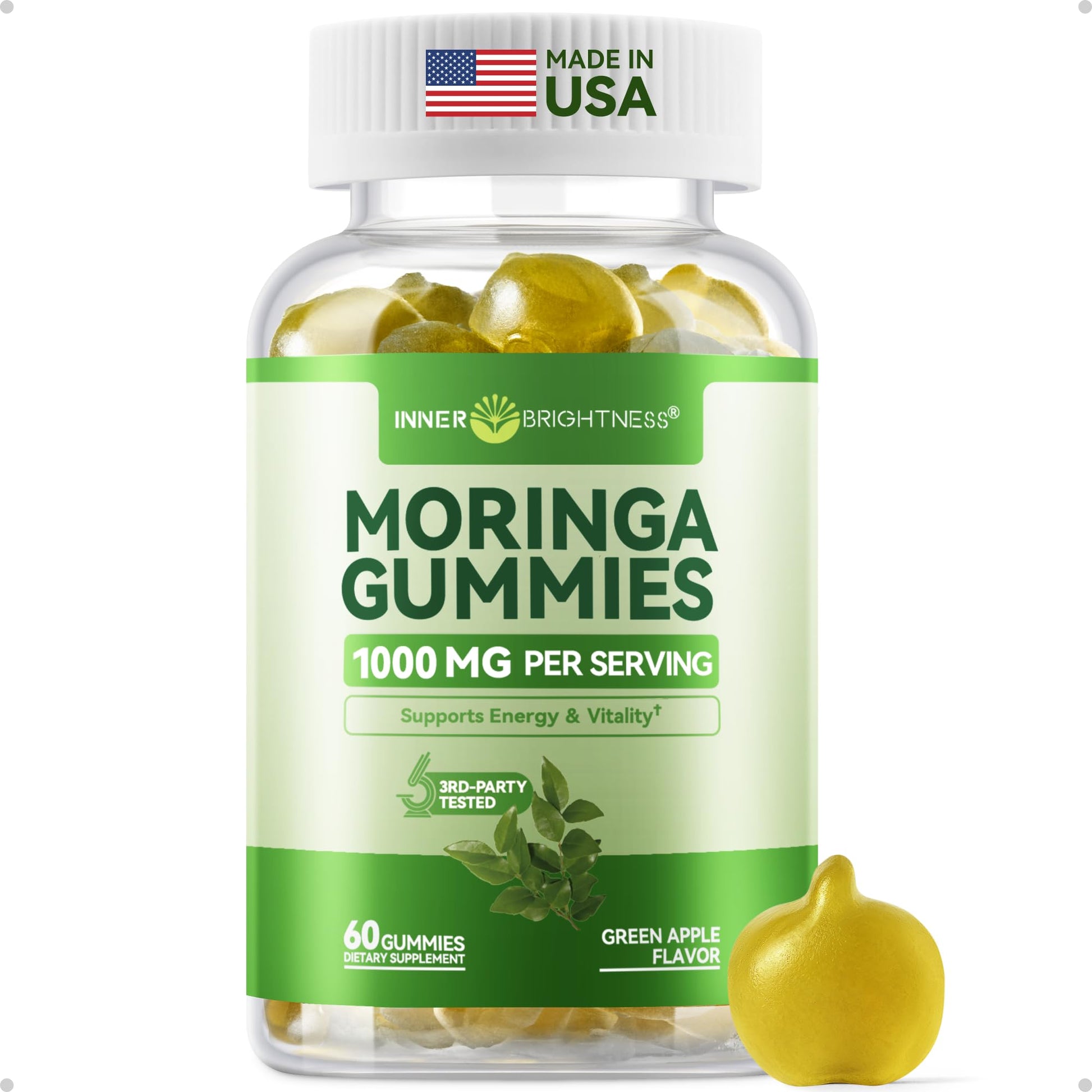 Inner Brightness Moringa Gummies 1000mg Per Serving – 10:1 Moringa Leaf Extract Green Superfood for Energy & Immune Support – Vegan, Non-GMO, 60 Count