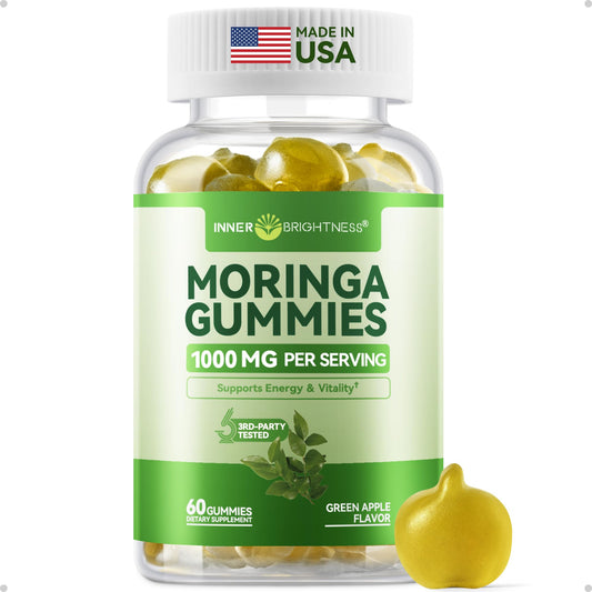 Inner Brightness Moringa Gummies 1000mg Per Serving – 10:1 Moringa Leaf Extract Green Superfood for Energy & Immune Support – Vegan, Non-GMO, 60 Count