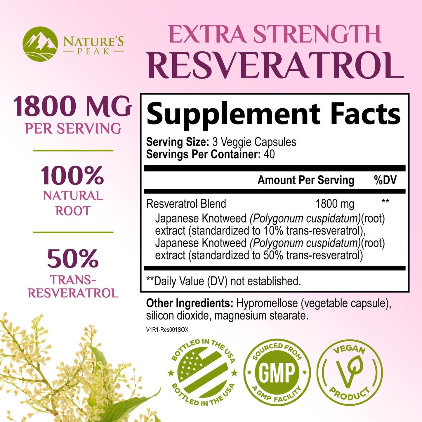 Nature's Peak Resveratrol 1800mg 3X Strength Trans-Resveratrol Capsules, 120 Count