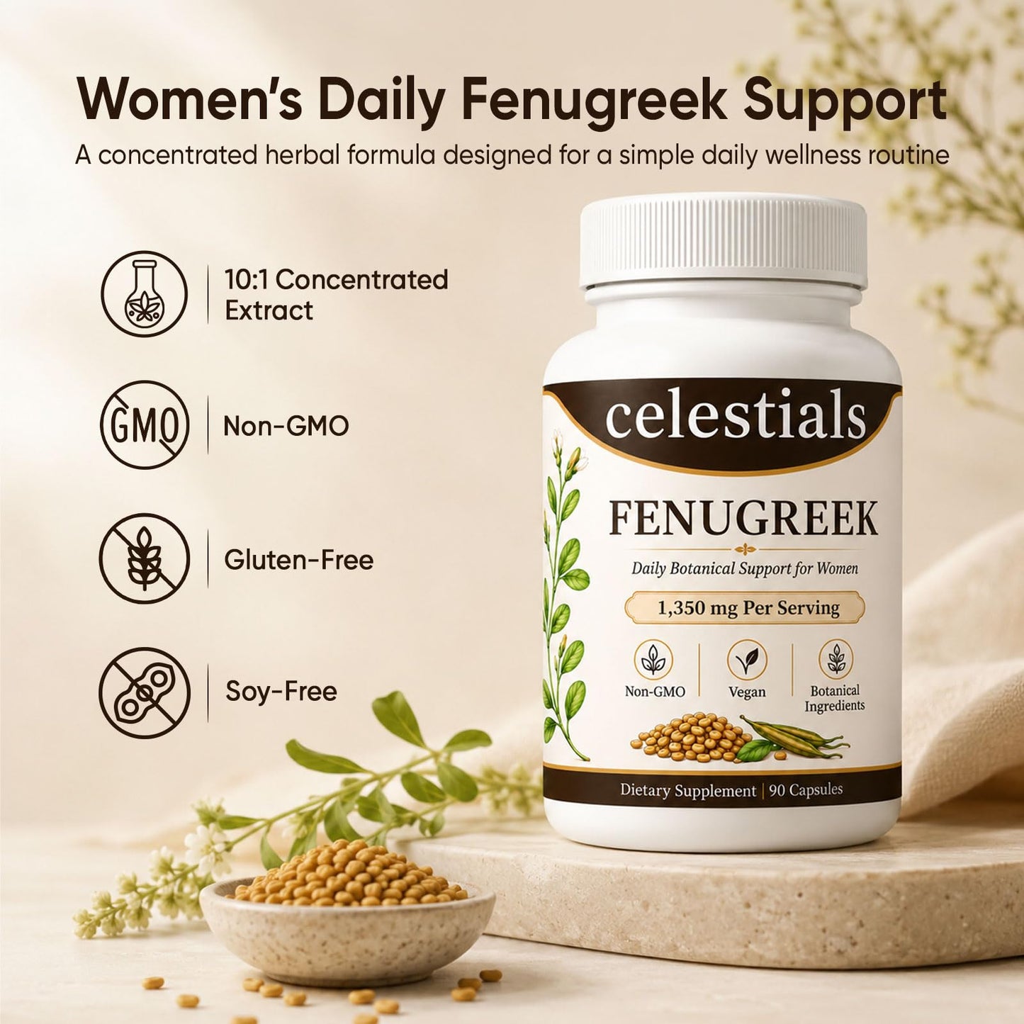 KILIBUM Celestials Fenugreek for Women, Women's Health Support, Herbal Supplement, 90 Capsules