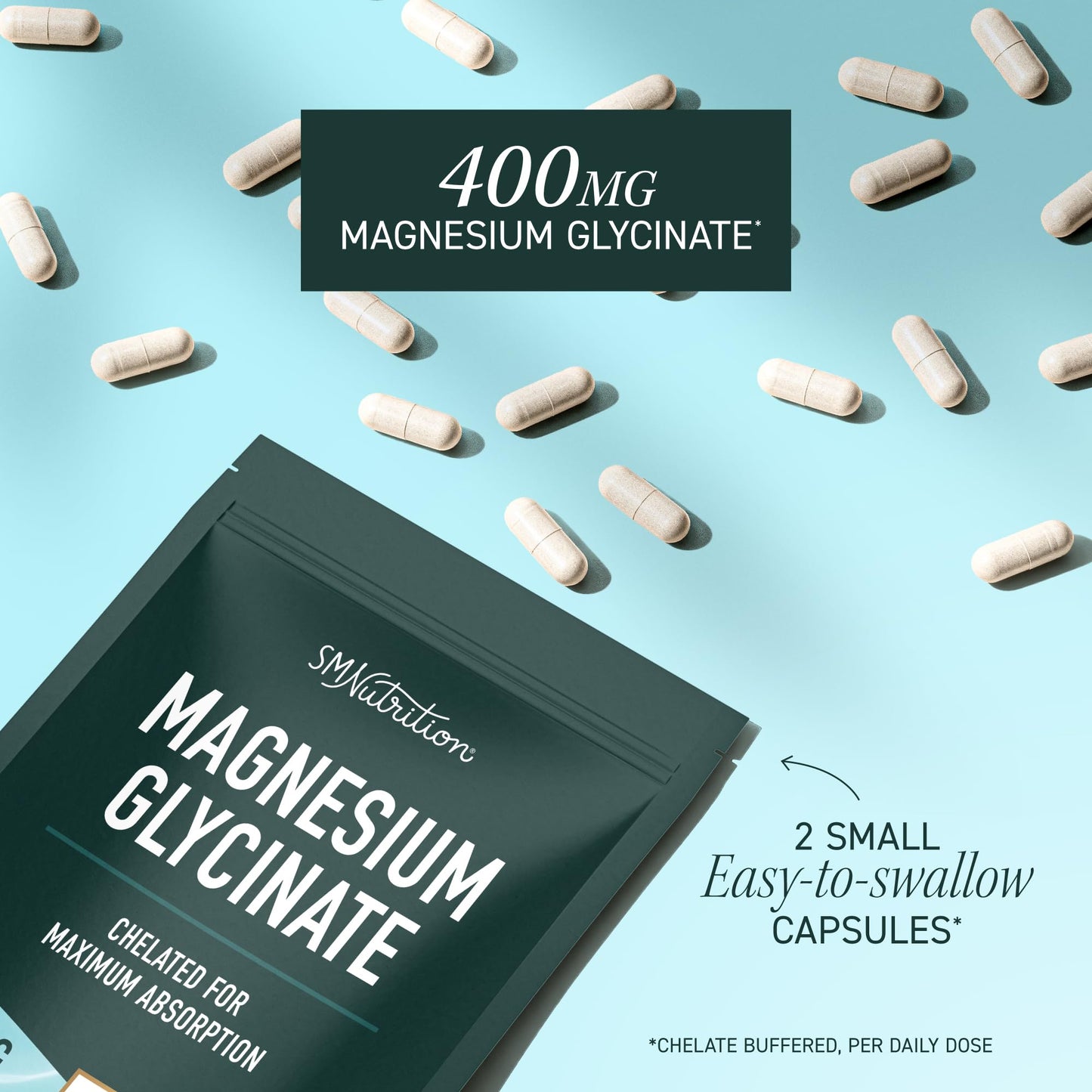 SMNutrition Magnesium Glycinate 400mg, Chelated Magnesium Glycinate, Maximum Absorption Capsule, 60 Count