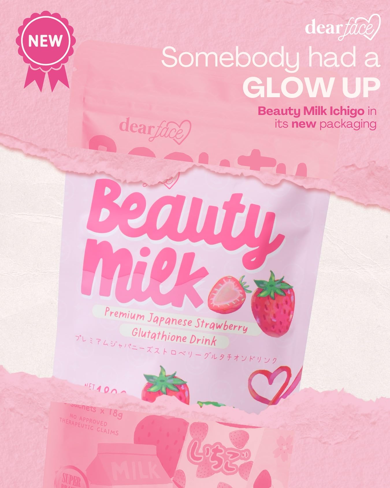 Generic Dear Face Beauty Milk Japanese Collagen Strawberry Drink Powder 6.43 Ounce