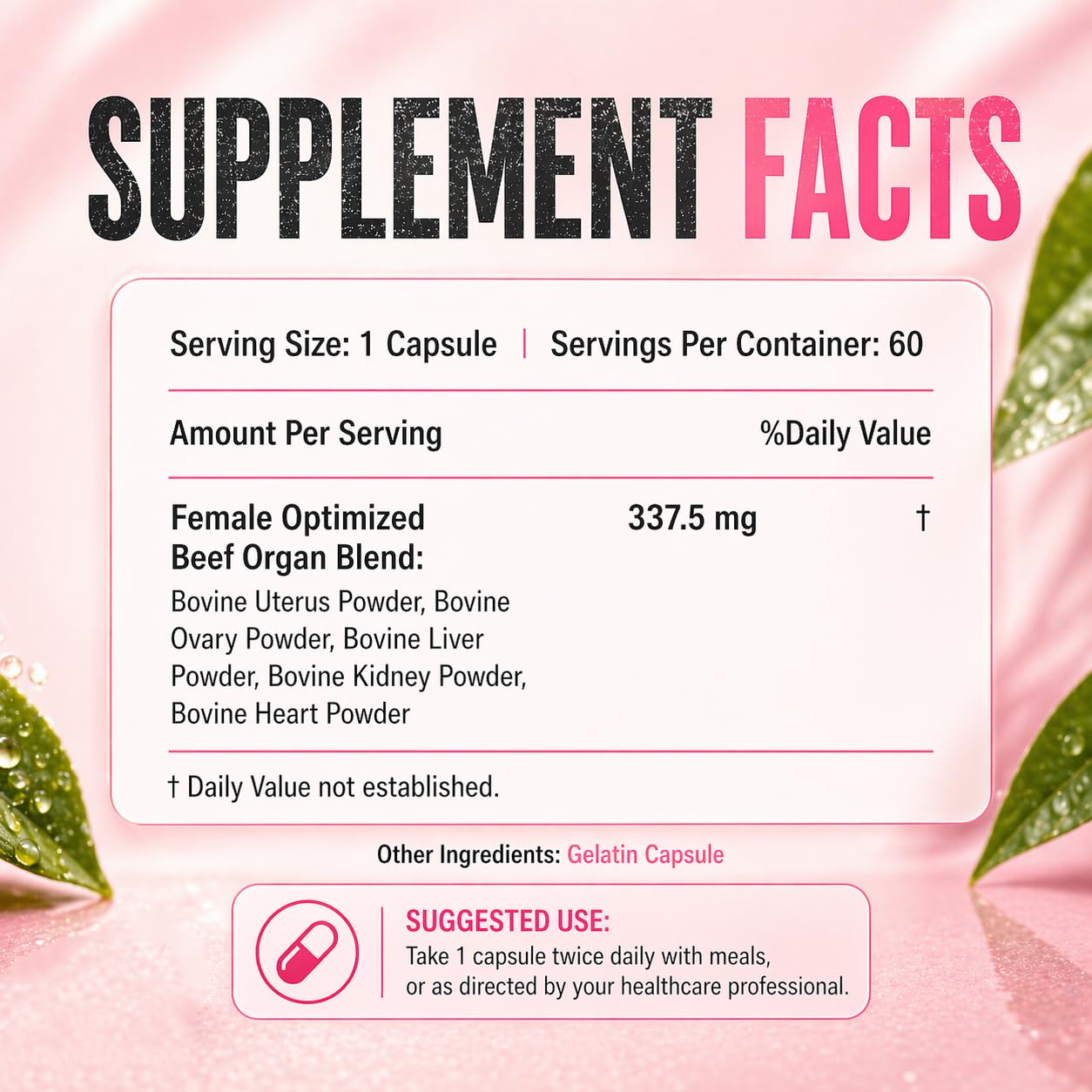 PRIMAL FURY Grass-Fed Beef Organ Supplement for Women, 60 Capsules