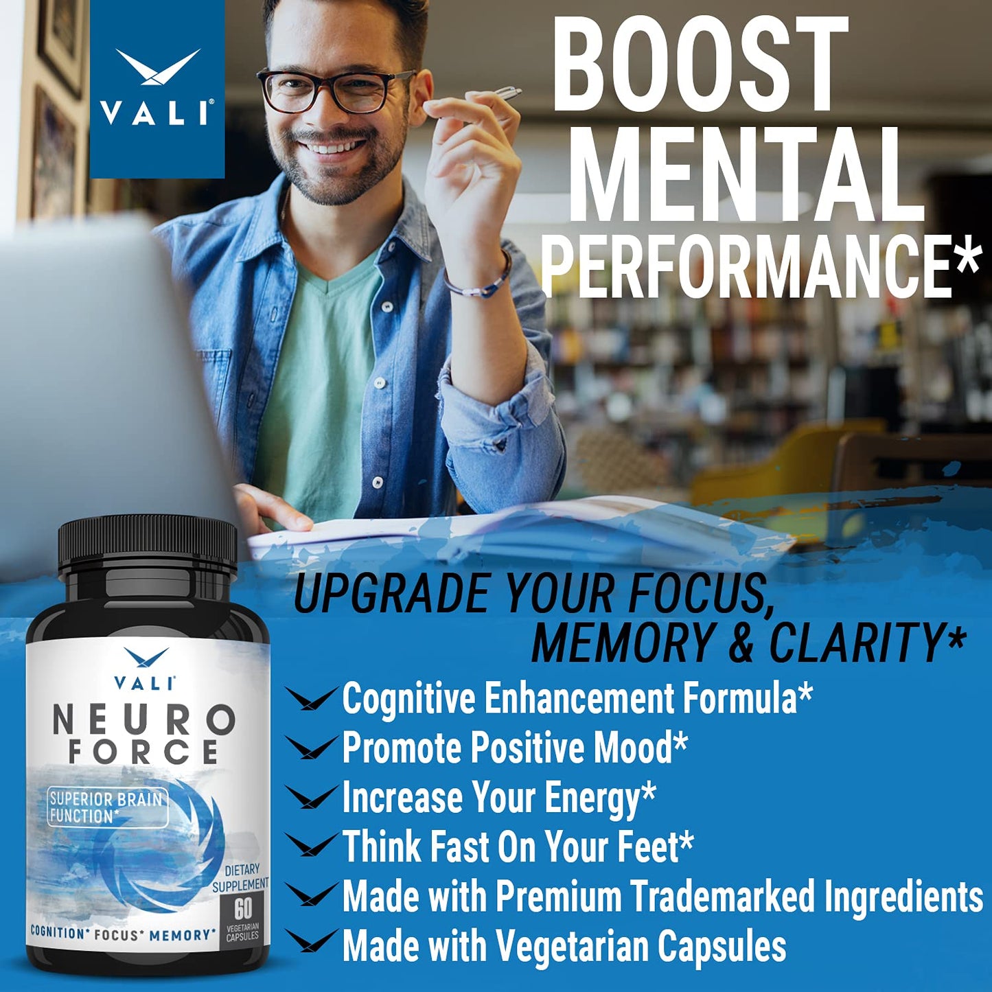 VALI Neuro Force Brain Booster Capsule, 60 Count, Nootropic for Focus, Memory, Clarity & Energy, with Natural Caffeine