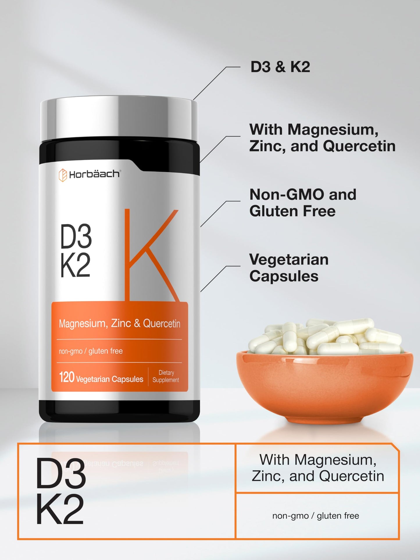 Horbäach Vitamin D3 K2 Capsules, 120 Count
