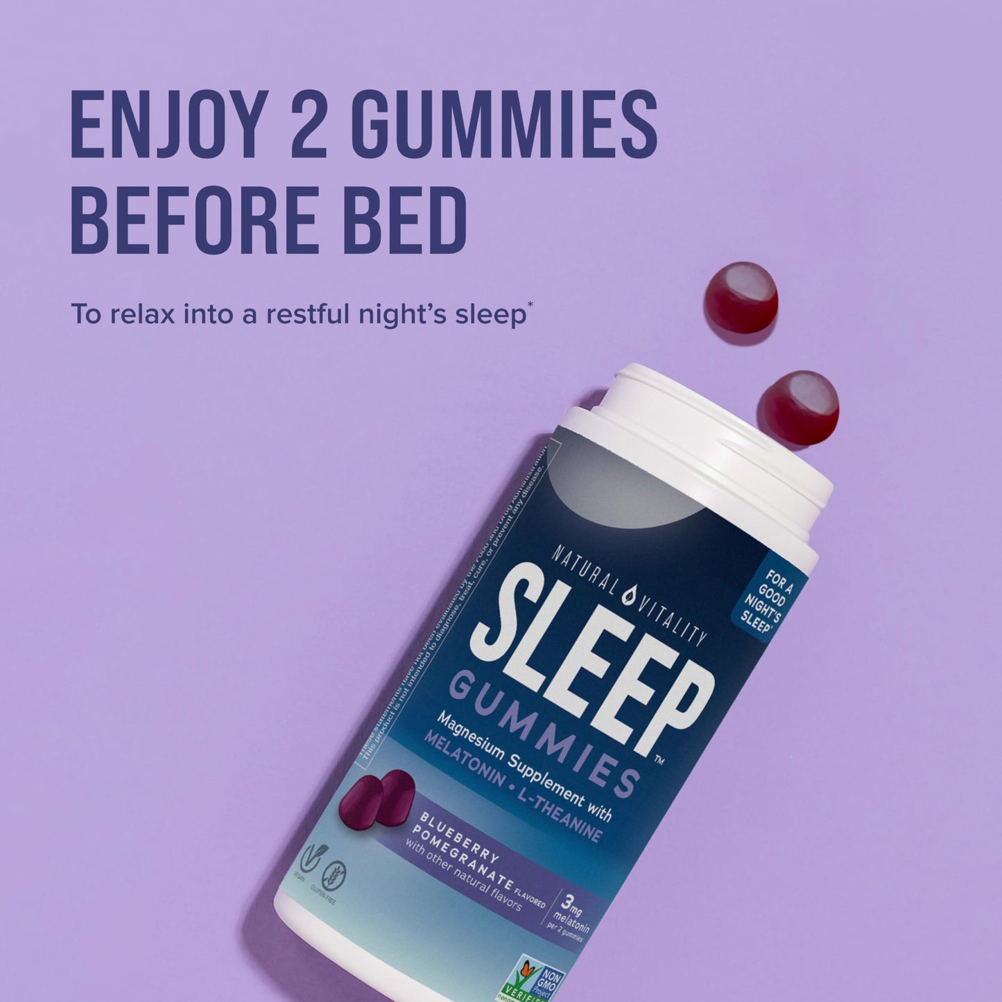 Natural Vitality CALM Sleep Gummies Magnesium Supplement with Melatonin & Magnesium Citrate, L-Theanine, Gluten Free, Blueberry Pomegranate, 60 Gummies