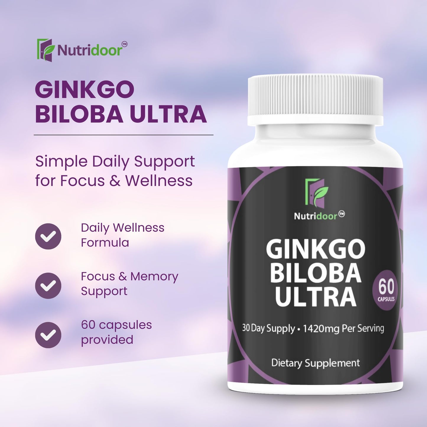 NUTRIDOOR Ginkgo Biloba Ultra with Red Asian Ginseng, Ginkgo Leaf Extract & Powder, 1420mg, Capsule, 60 Count