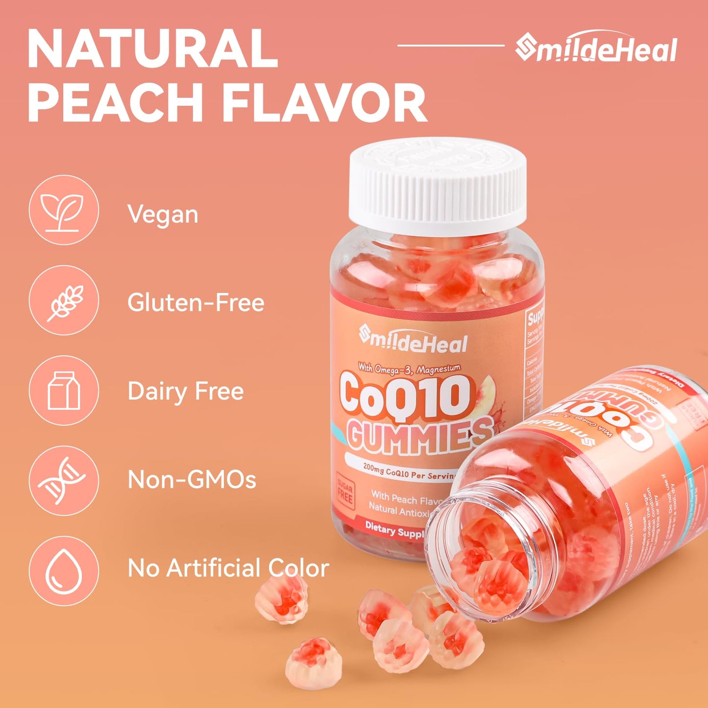 SmildeHeal CoQ10 Gummies 200mg with Omega-3, EPA + DHA & Magnesium, Vegan - 60 Gummies