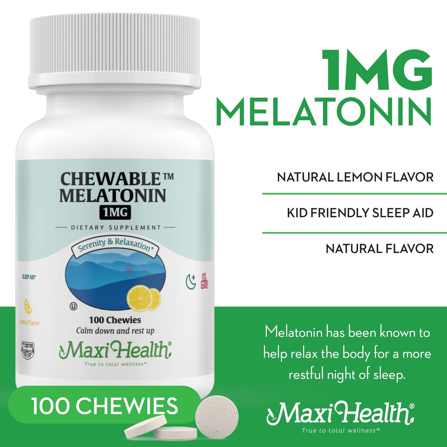 Maxi Health Melatonin 1mg Chewable Tablets 100 Count