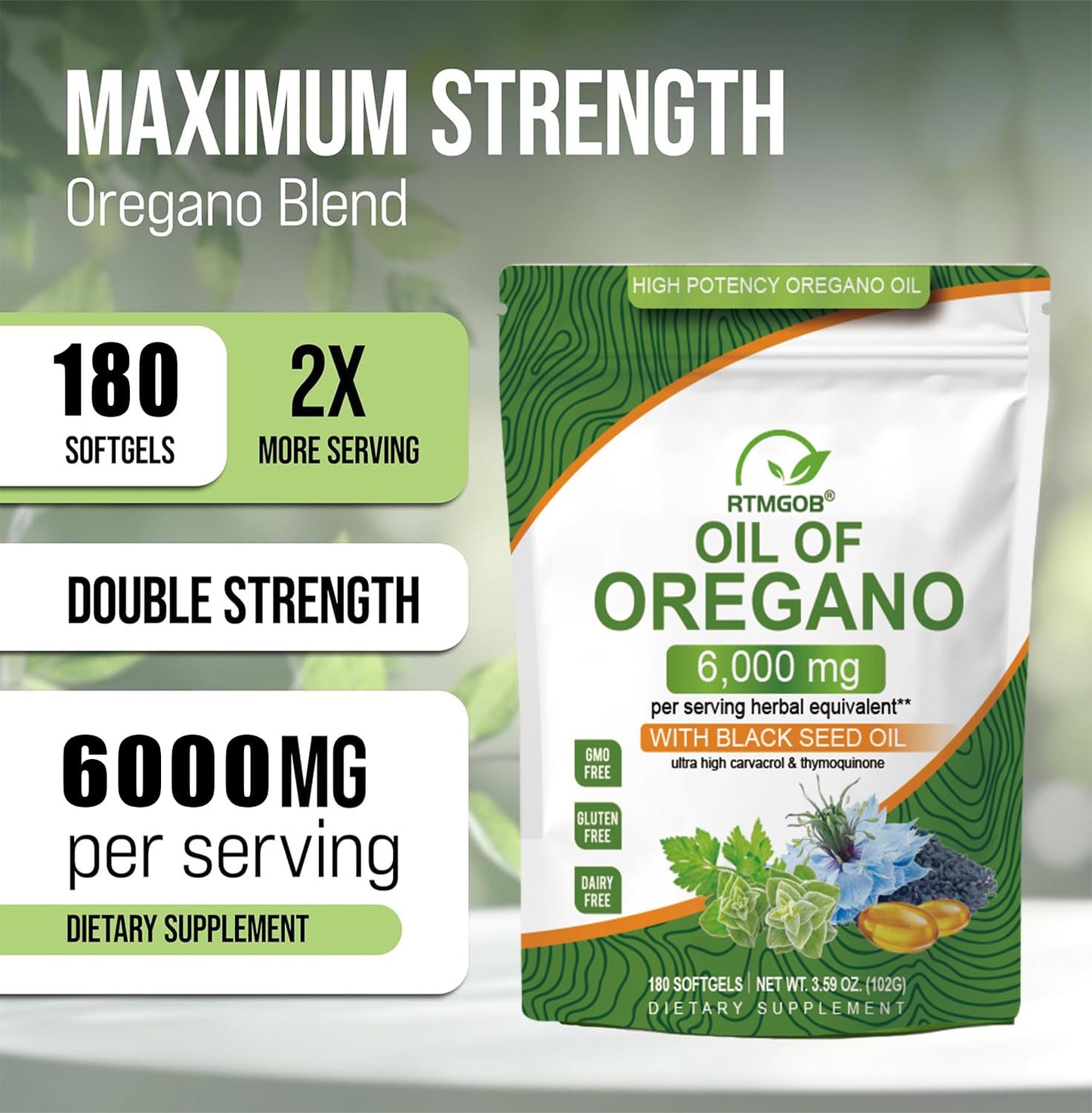 RTMGOB Oil of Oregano Softgels with Black Seed Oil, 180 Softgels