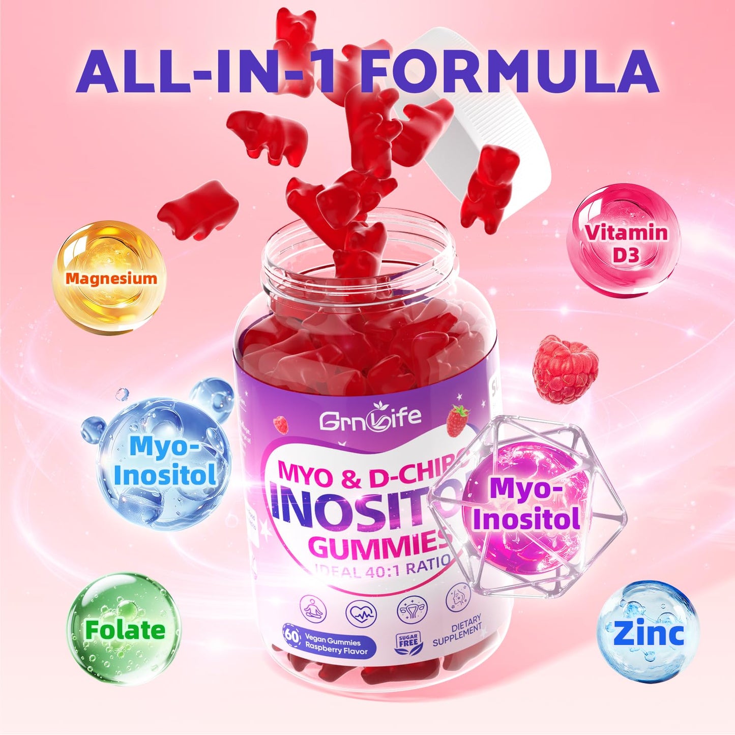 GrnLife Myo-Inositol & D-Chiro Inositol Gummies for Women, 40:1 Ratio, Vitamin D3, Magnesium Glycinate, Methyl Folate, Sugar Free, Raspberry Flavor, 120 Count