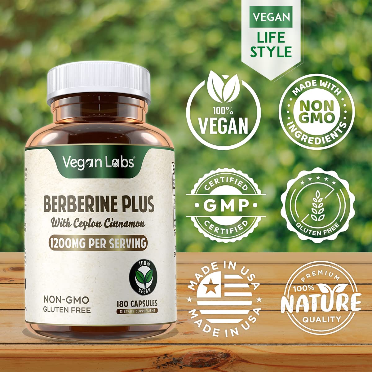 Vegan Labs Berberine HCL 1200MG with Organic Ceylon Cinnamon, 180 Capsules