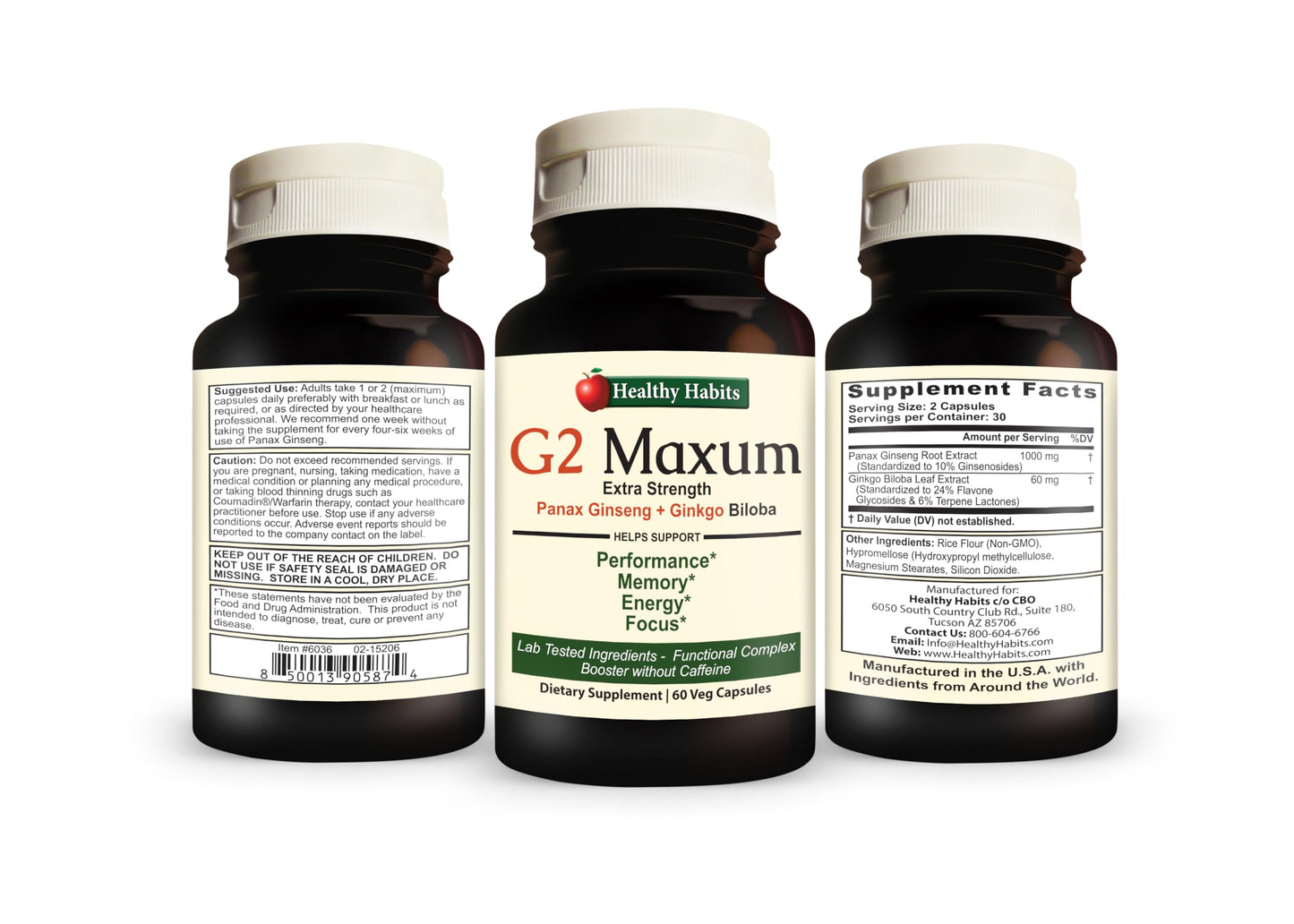 Healthy Habits G2 Maxum Extra Strength Panax Ginseng Plus Ginkgo Biloba Blended to Support Energy and Cognitive Function Capsules, 60 Count
