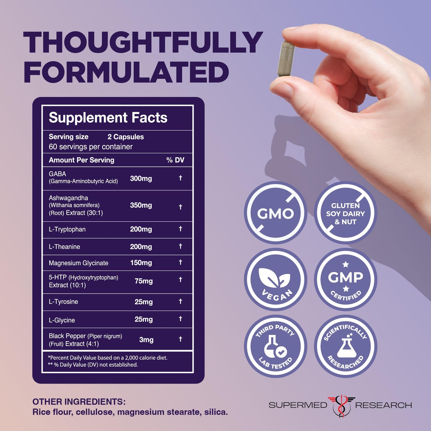Supermed Research Mood Support Supplement with GABA, Ashwagandha, L-Theanine, L-Tyrosine, L-Glycine, 5-HTP & Magnesium, 120 Capsules