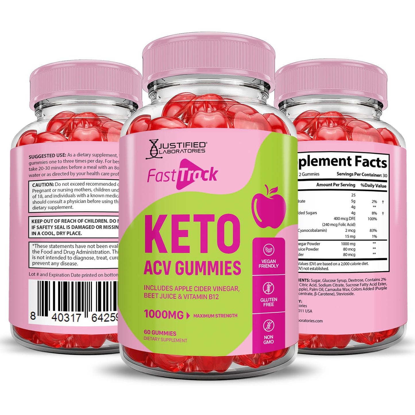 Justified Laboratories Fast Track Keto ACV Gummies Advanced Formula 1000mg Apple Cider Vinegar with Pomegranate Beet Juice Powder B12, Vegan, Non-GMO, 600 Gummies