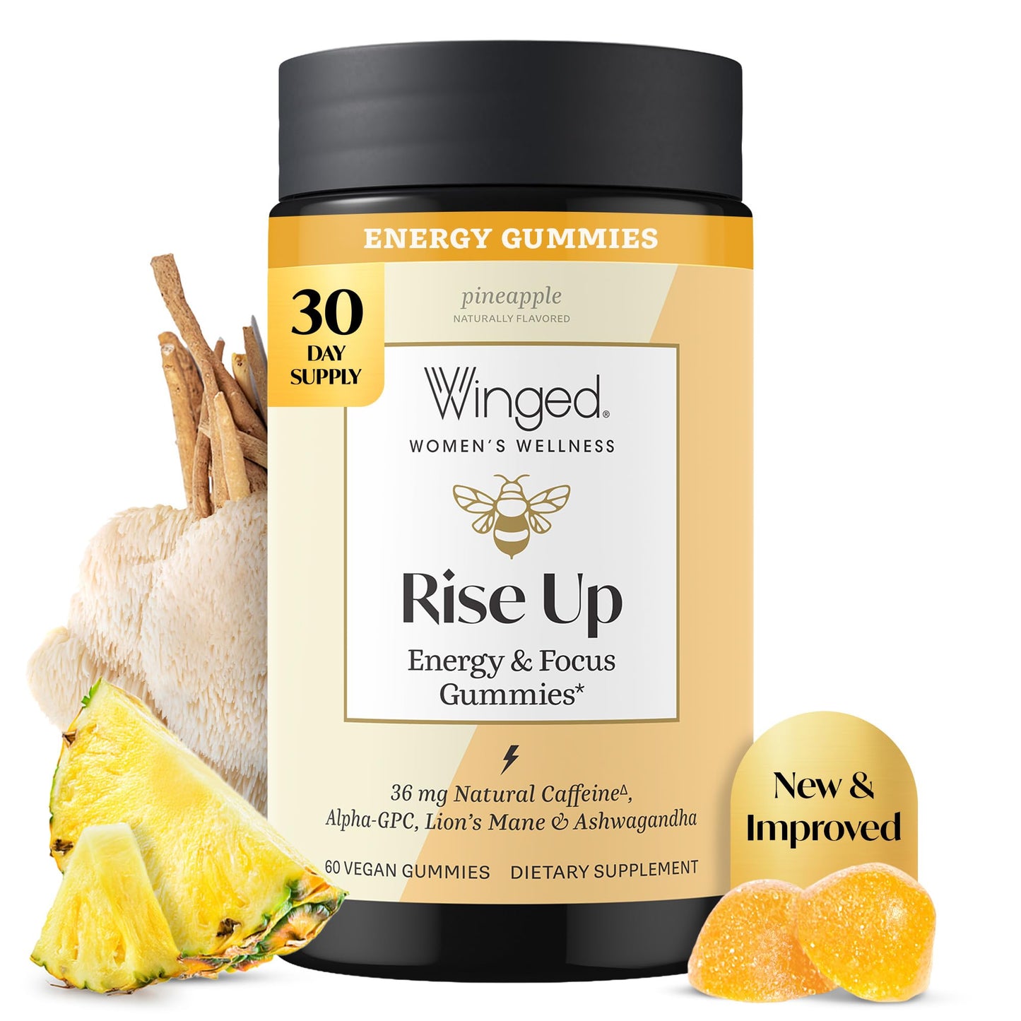 Winged Wellness Rise Up Energy & Focus Gummies for Women – Daily Brain Boost Gummy Supplement with Natural Caffeine, Ashwagandha, B12, Nootropics Alpha-GPC & Lion’s Mane – Pineapple, 60 Gummies