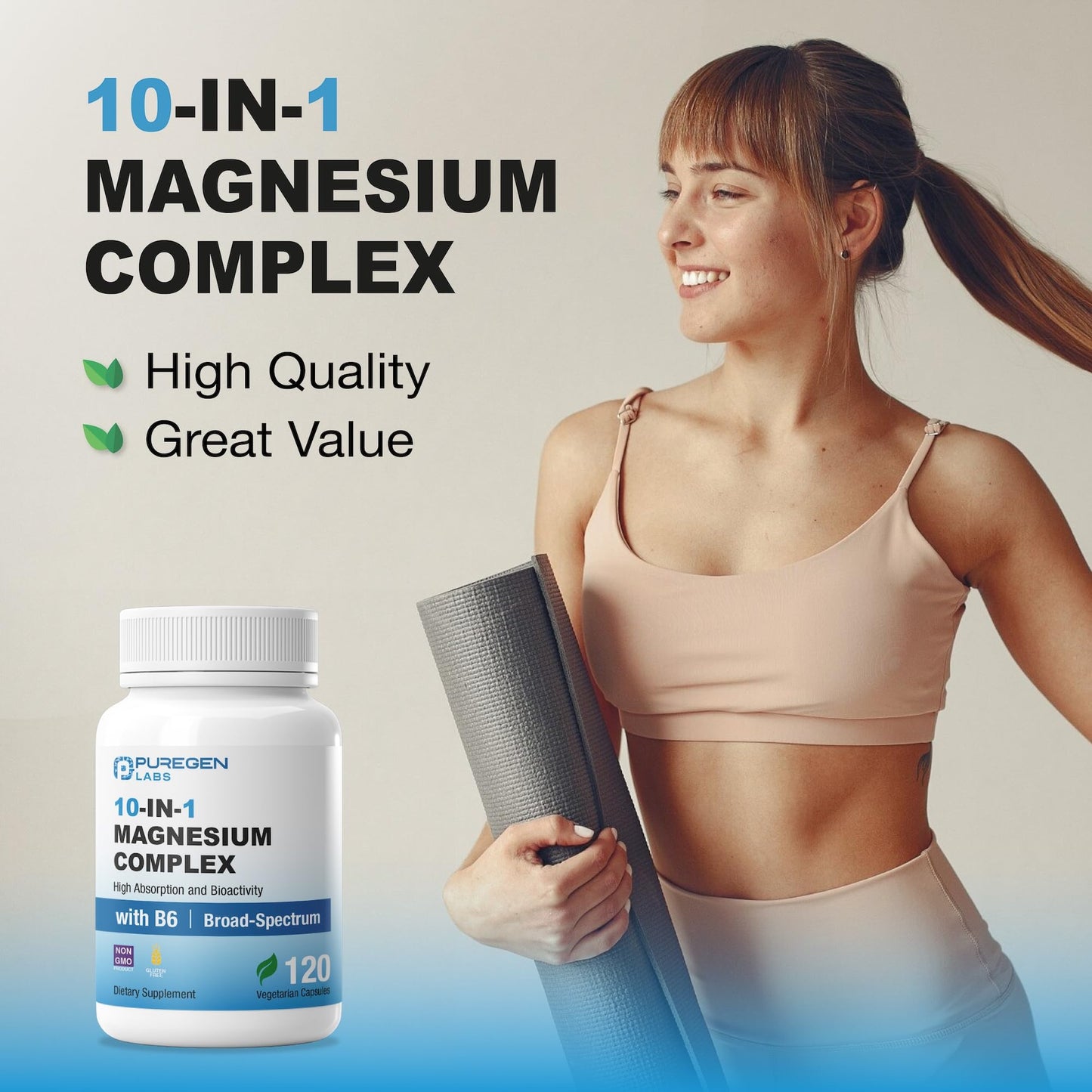 P Puregen Labs Magnesium Complex 500mg with B6 10 in 1 Veggie Capsules, 120 Count