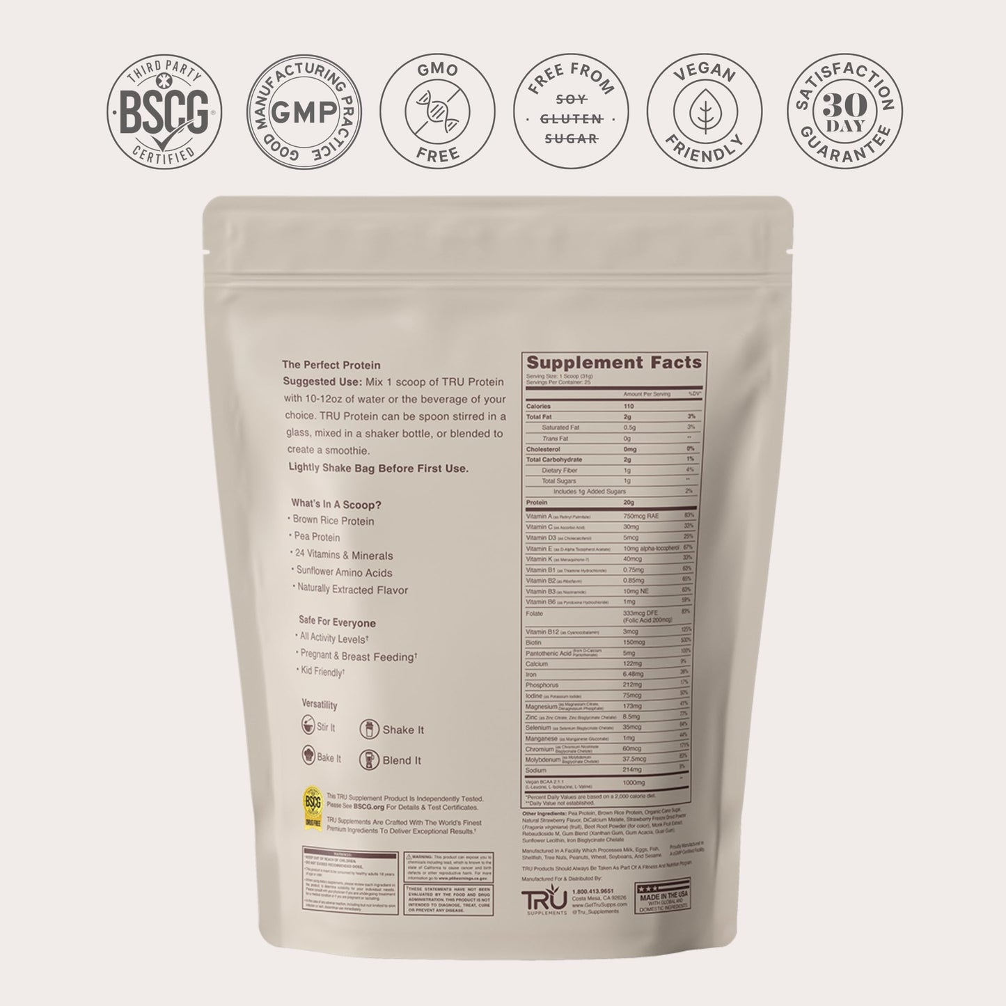 TRU Supplements Plant Based Protein Powder, BCAA, EAA, 25 Servings, Strawberry Cream