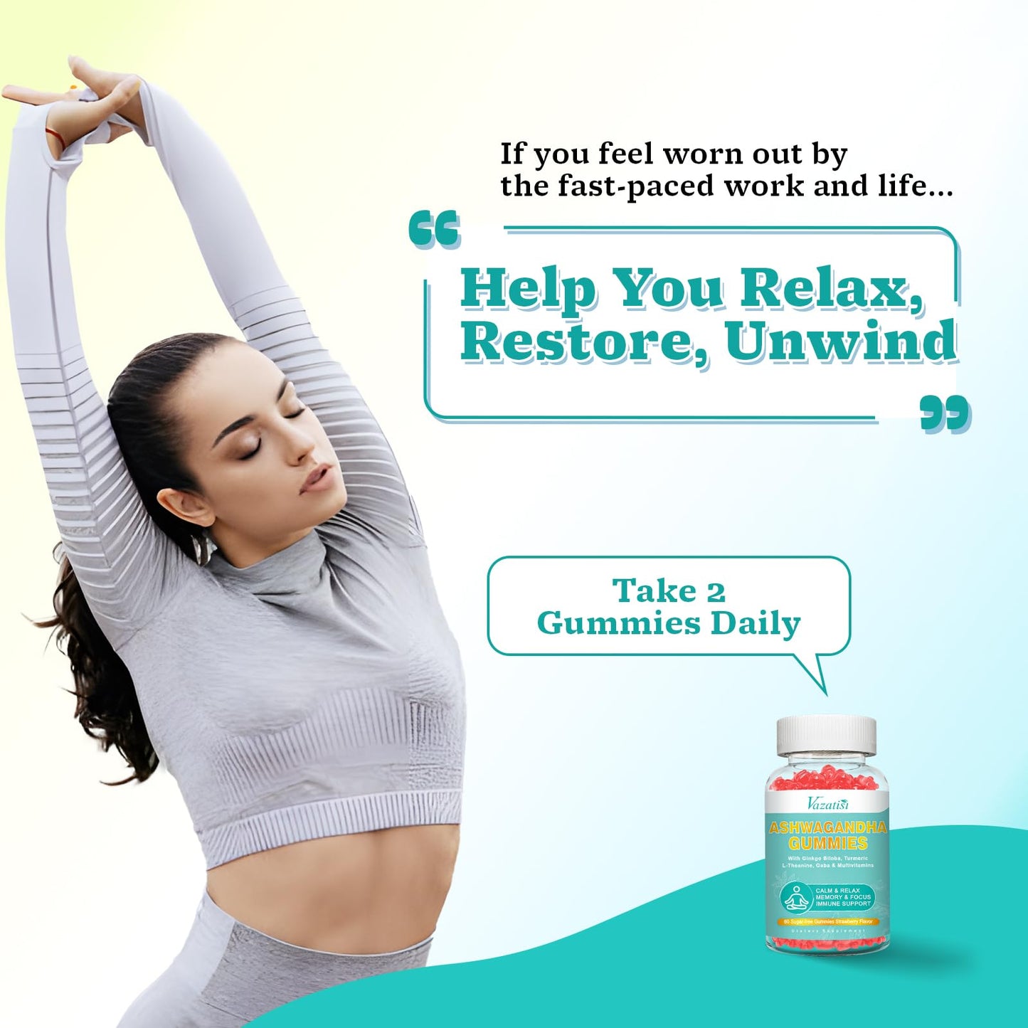 Vazatisi Ashwagandha Gummies with Turmeric GABA Mood Energy and Immune Support, 120 Gummies