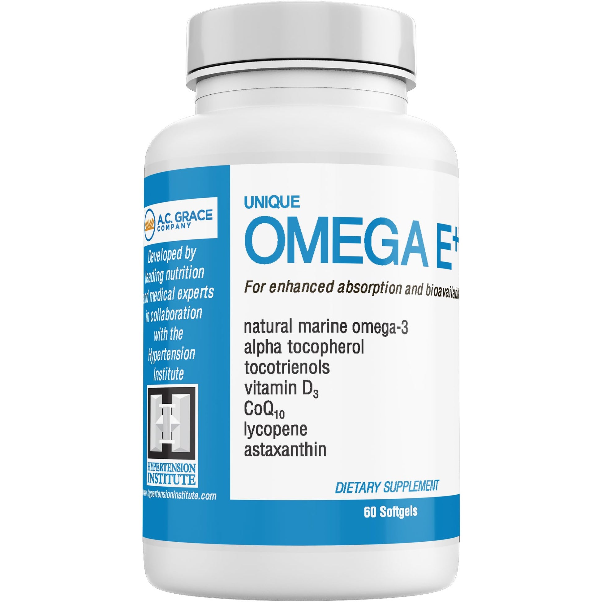 UNIQUE E Omega E+ Fish Oil Supplement with Marine Omega-3 Fatty Acids, Vitamin E, Vitamin D3, and CoQ10 Softgels 60