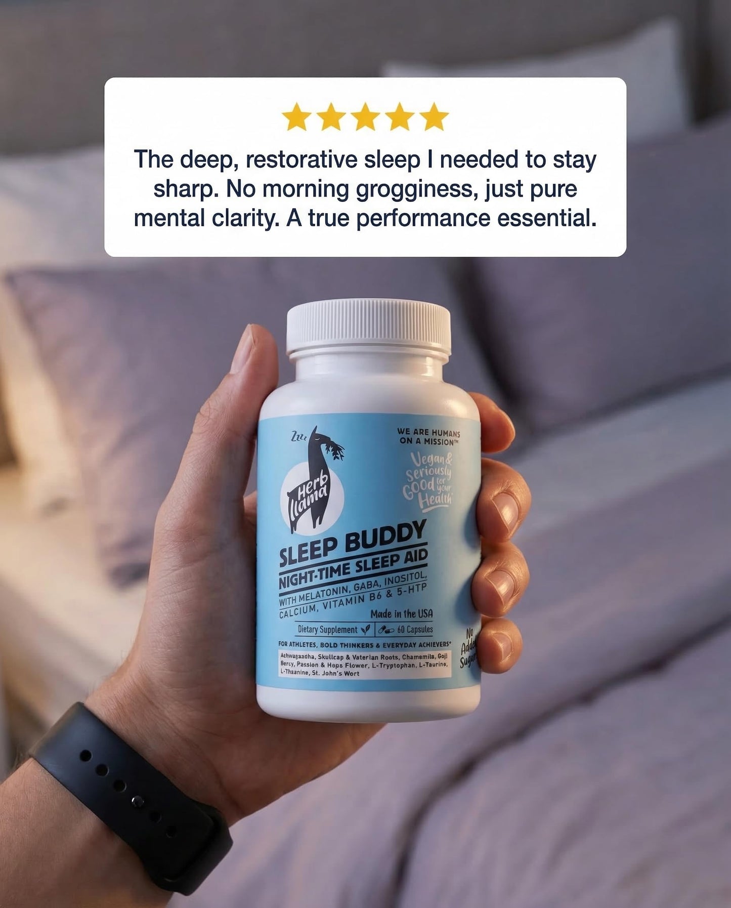 Herb Llama Sleep Buddy 8-Ingredient Natural Sleep Aid with Melatonin, Ashwagandha, GABA, 5-HTP Capsule, 1 Count