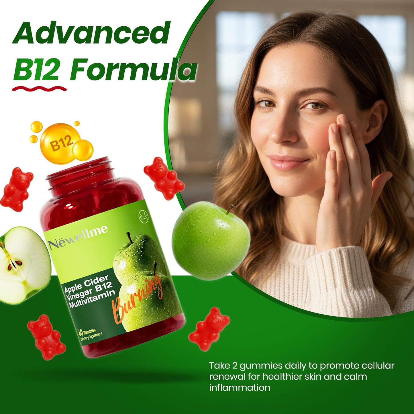 Montue Apple Cider Vinegar Gummies with B12 Multivitamin, Non-GMO, Vegetarian, Supports Energy Levels & Gut Health, 60 Gummies